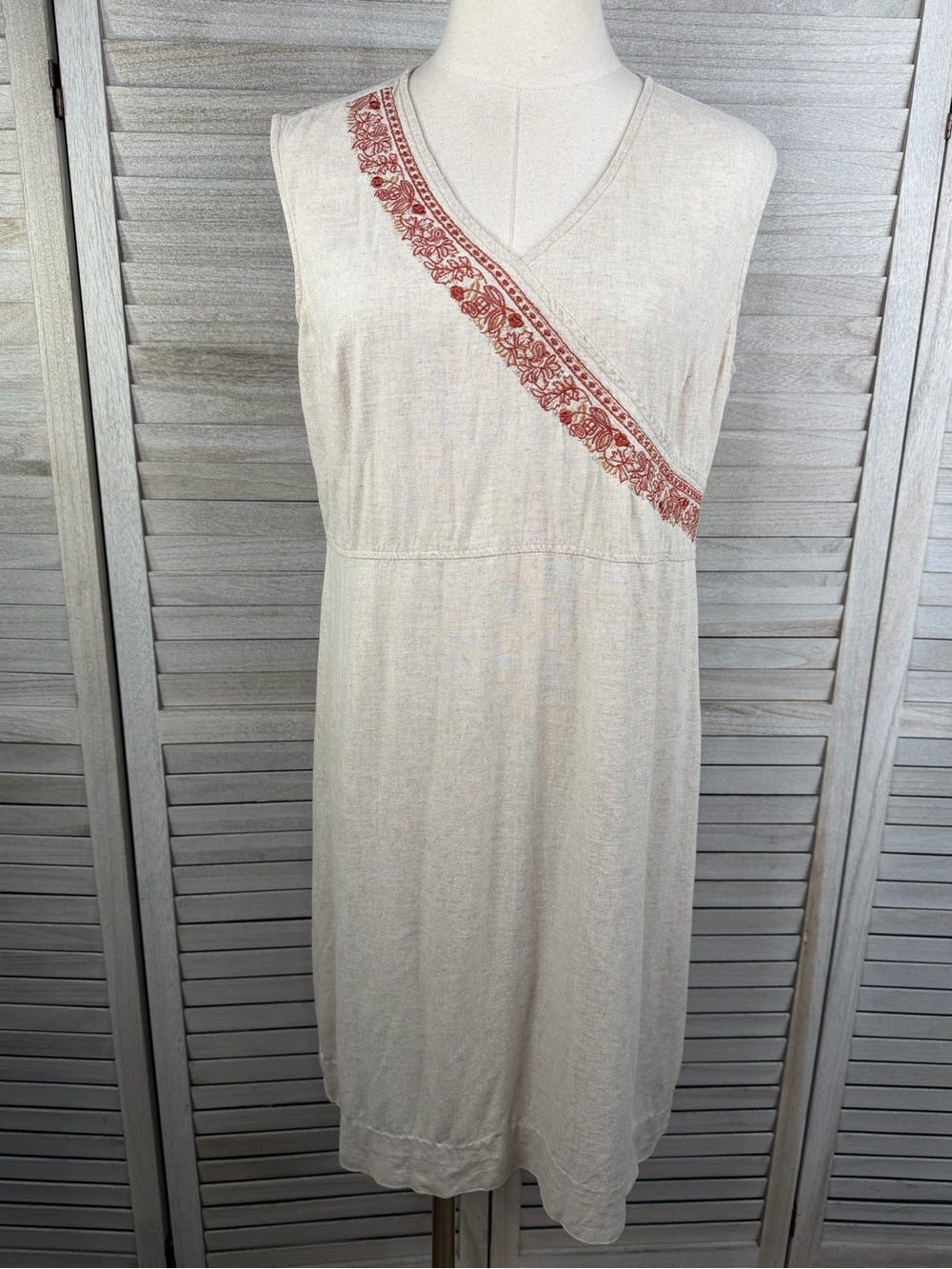WHITE STAG Linen Blend Sleeveless Shift Dress Embroidered Beige/Rust-M (8/10)
